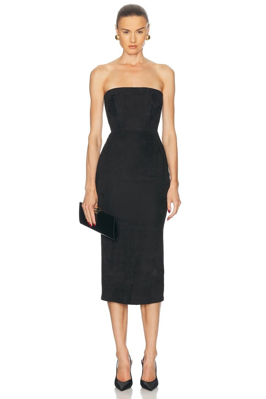 Alex Perry Suede Midi Dress in Black suede leather strapless
